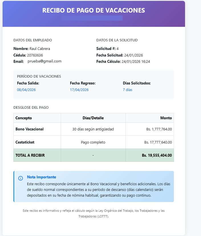 Recibo de Pago de Vacaciones - Lisness